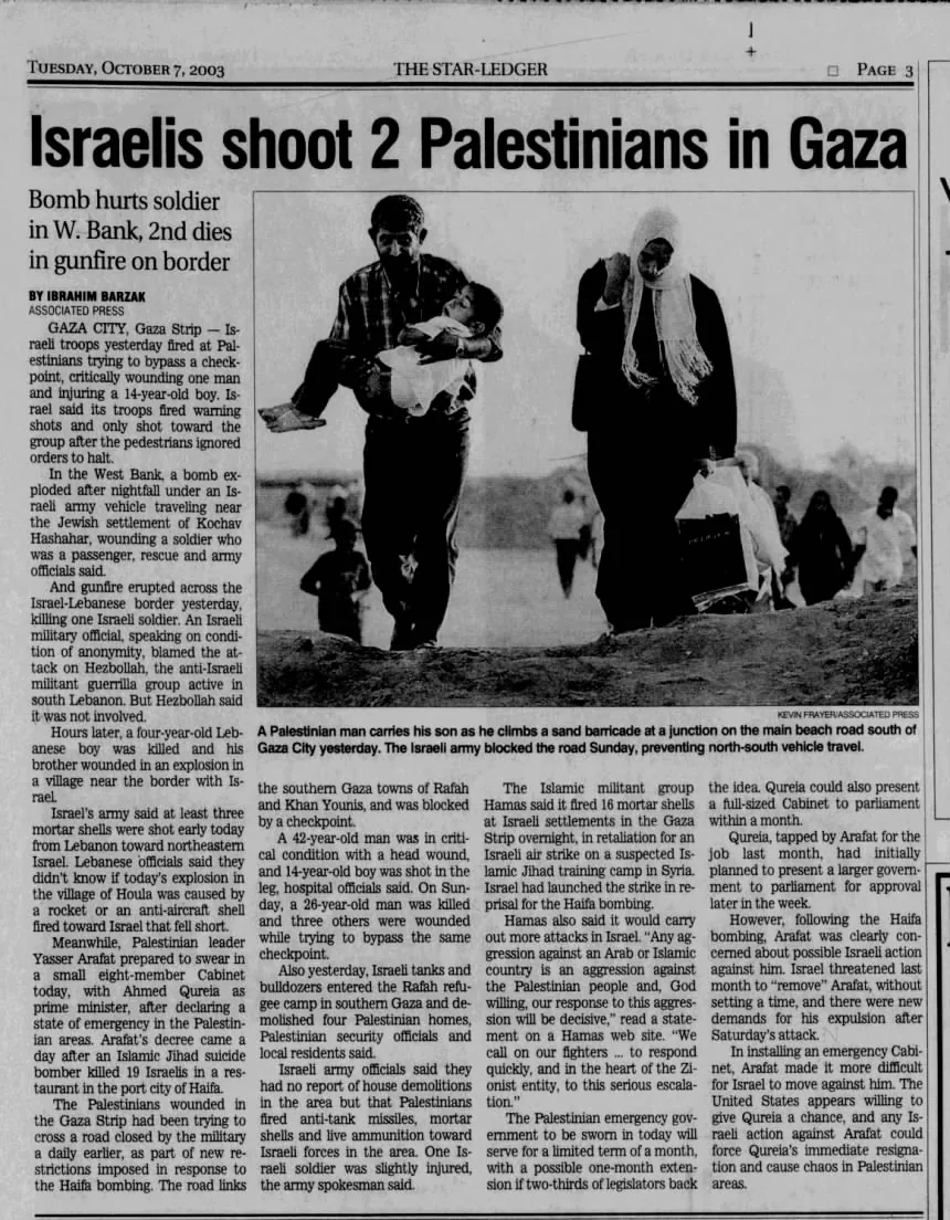 Israelis shoot 2 Palestinians in Gaza &mdash; The Star-Ledger, 7 October 2003