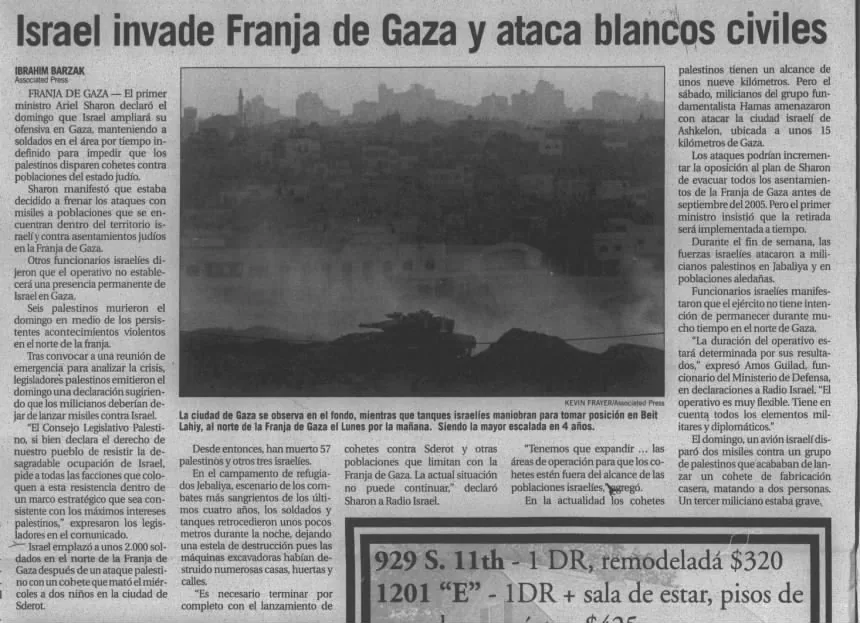 Israel invade Franja de Gaza y ataca blancos civiles &mdash; Hispanos Unidos, 7 October 2004