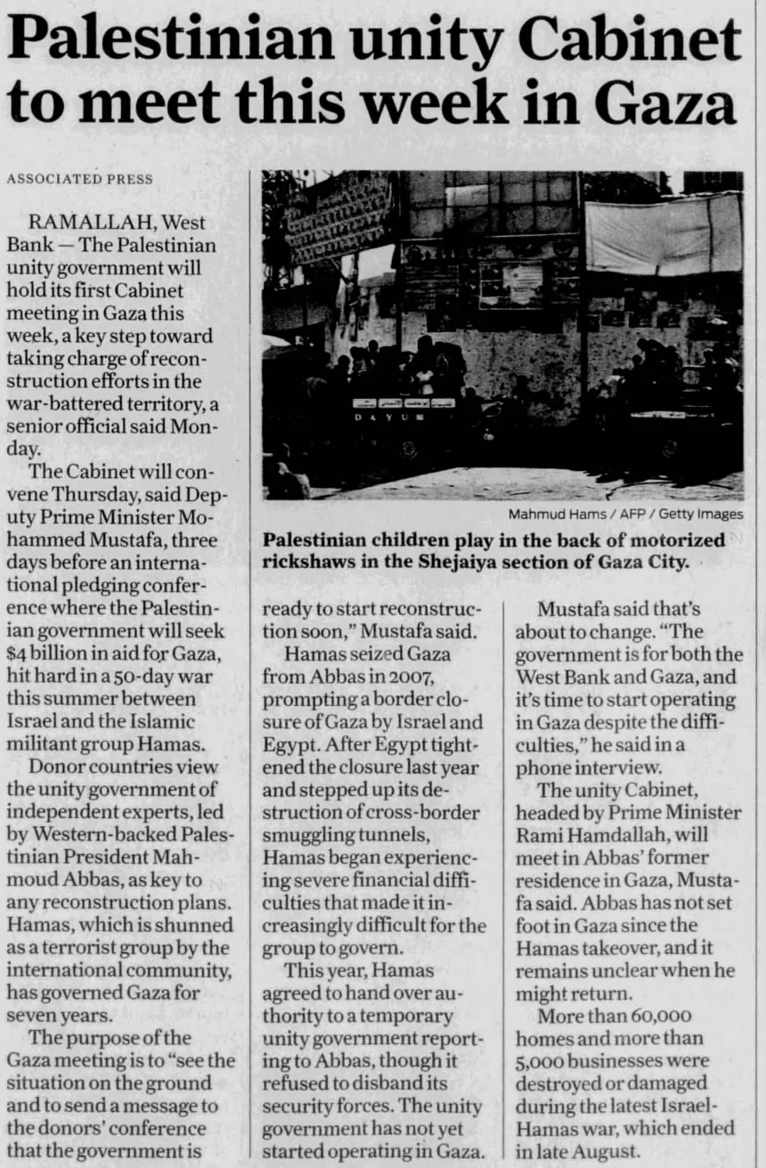 Palestinian unity Cabinet to meet this week in Gaza &mdash; The Boston Globe, 7 October 2014