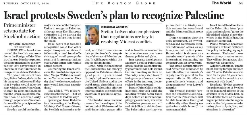Israel protests Sweden's plan to recognize Palestine &mdash; SF Chronicle, 7 October 2014