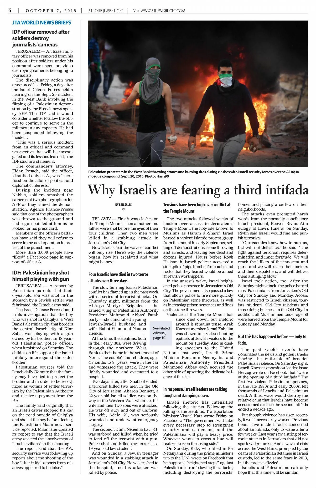 Why Israelis are fearing a third intifada &mdash; Valley News, 7 October 2015
