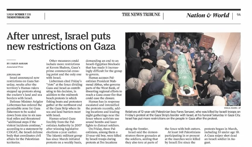 After unrest, Israel puts new restrictions on Gaza &mdash; Pittsburgh Post-Gazette, 7 October 2018