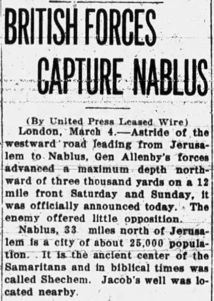 British Forces Capture Nablus — Freeport Journal-Standard, 4 March 1918