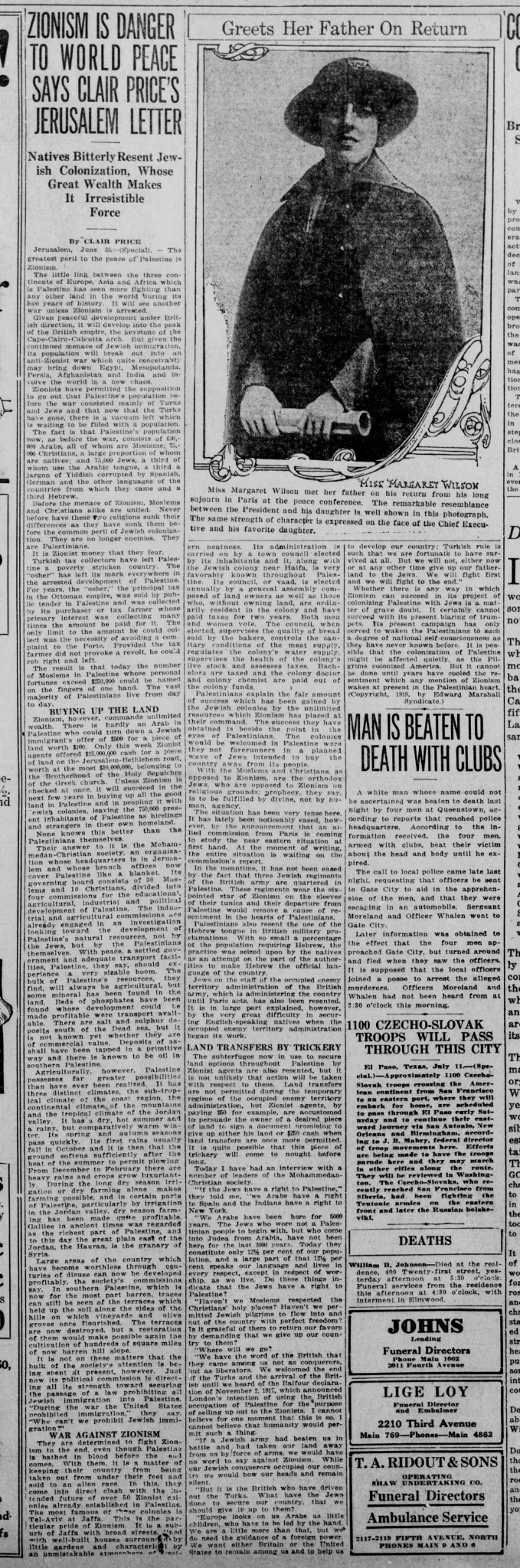 ZIONISM IS DANGER TO WORLD PEACE SAYS CLAIR PRICE’S JERUSALEM LETTER &mdash; Birmingham Age-Herald, 12 July 1919