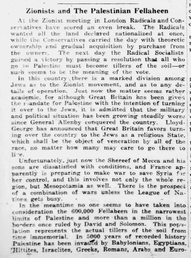 Zionists and the Palestinian Fellaheen — The Philadelphia Inquirer, 22 July 1920