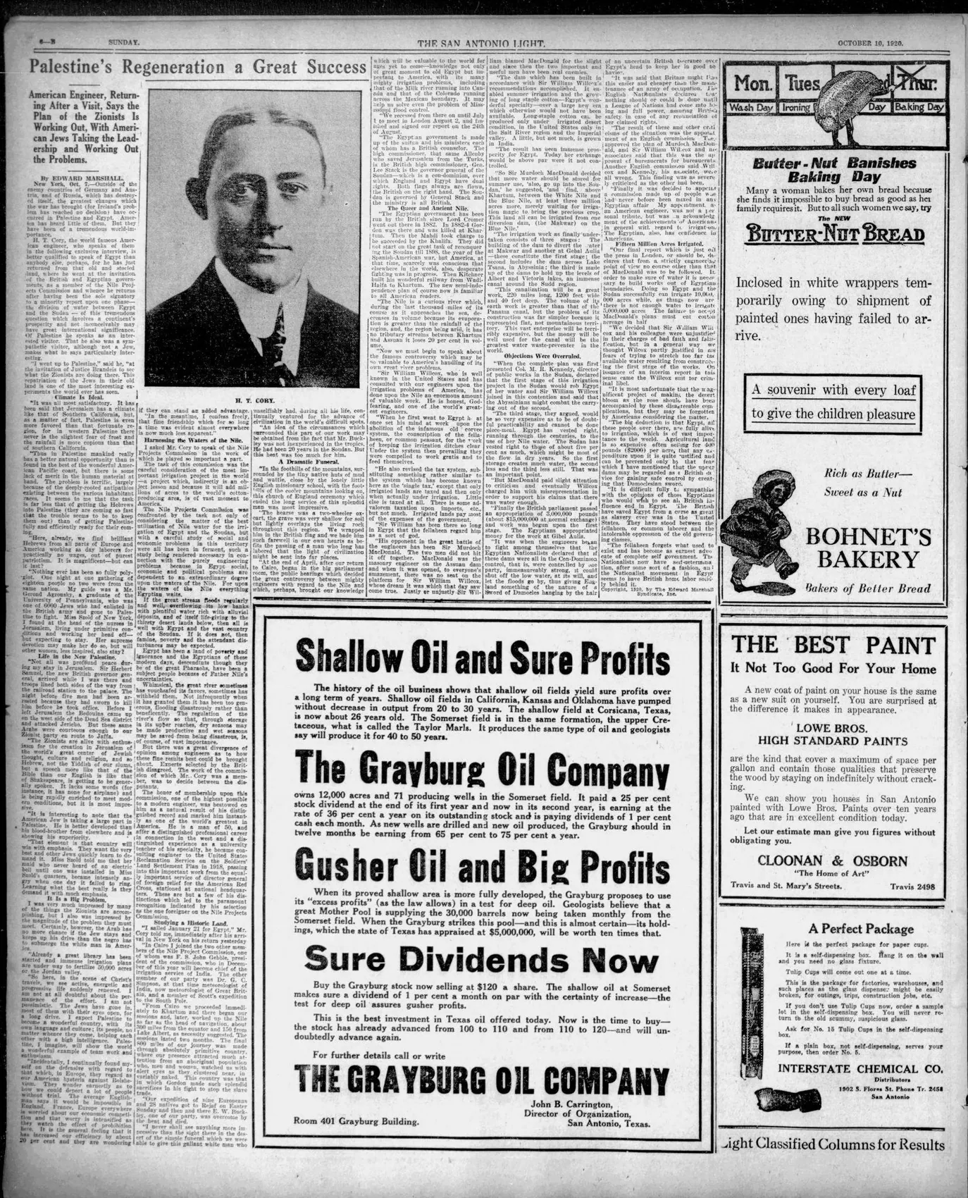 Palestine’s Regeneration a Great Success — San Antonio Light, 10 October 1920