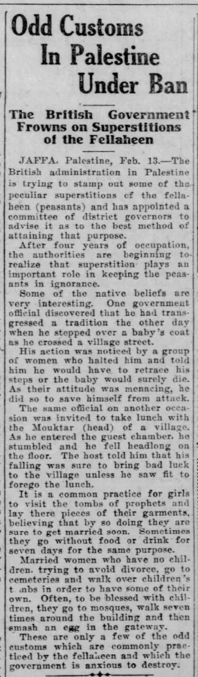 Odd Customs in Palestine Under Ban — Honolulu Star-Advertiser, 26 March 1922
