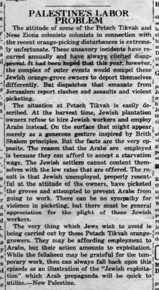 Palestine’s Labor Problem — The Jewish Press, 9 January 1931