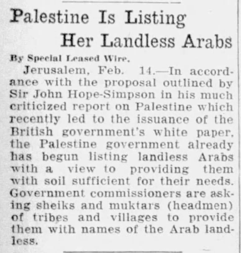 Palestine Is Listing Her Landless Arabs — Omaha World-Herald, 15 February 1931