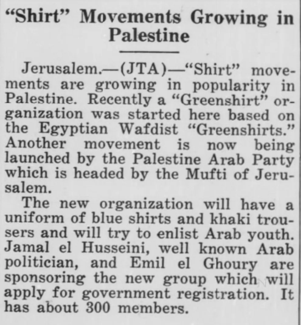 “Shirt” Movements Growing in Palestine — Wisconsin Jewish Chronicle, 20 March 1936