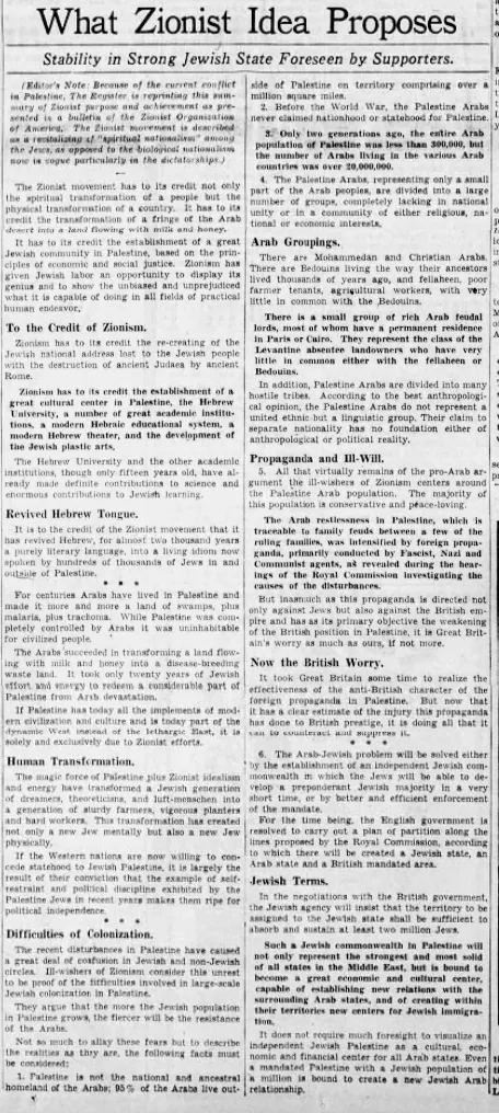 What Zionist Idea Proposes — Des Moines Register, 24 October 1938