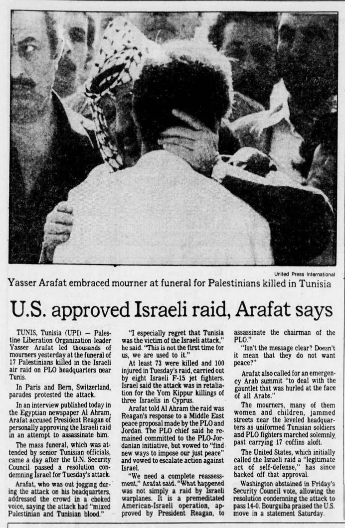 U.S. approved Israeli raid, Arafat says — Pittsburgh Press, 6 October 1985