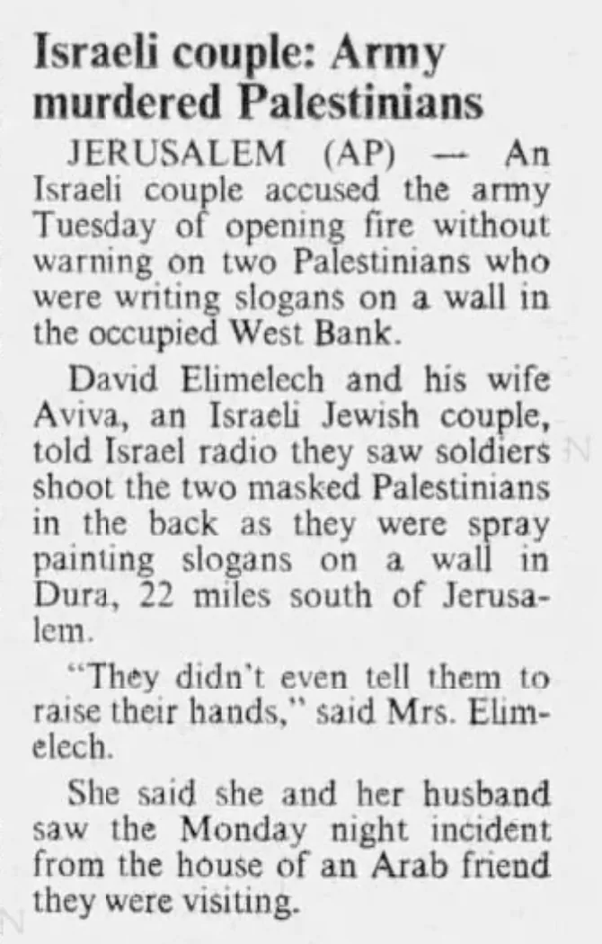 Israeli couple: Army murdered Palestinians &mdash; Pueblo Chieftain, 22 April 1992