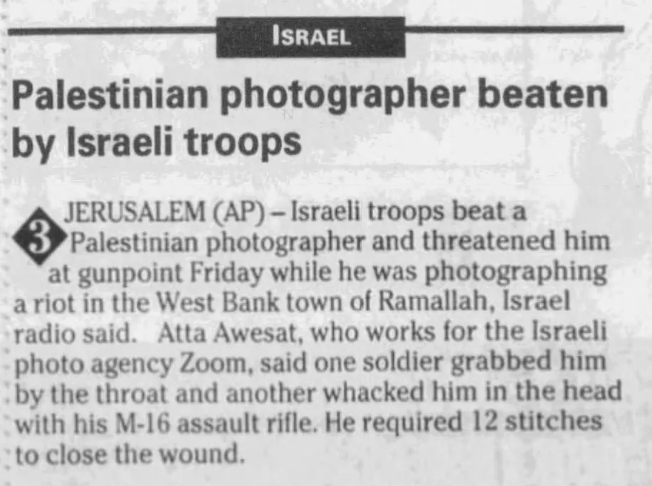 Palestinian photographer beaten by Israeli troops &mdash; The Bay City Times, 29 January 1994