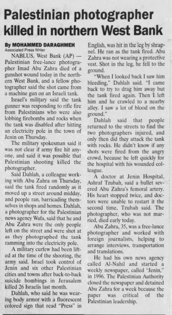 Palestinian photographer killed in northern West Bank &mdash; Kentucky New Era, 12 July 2002