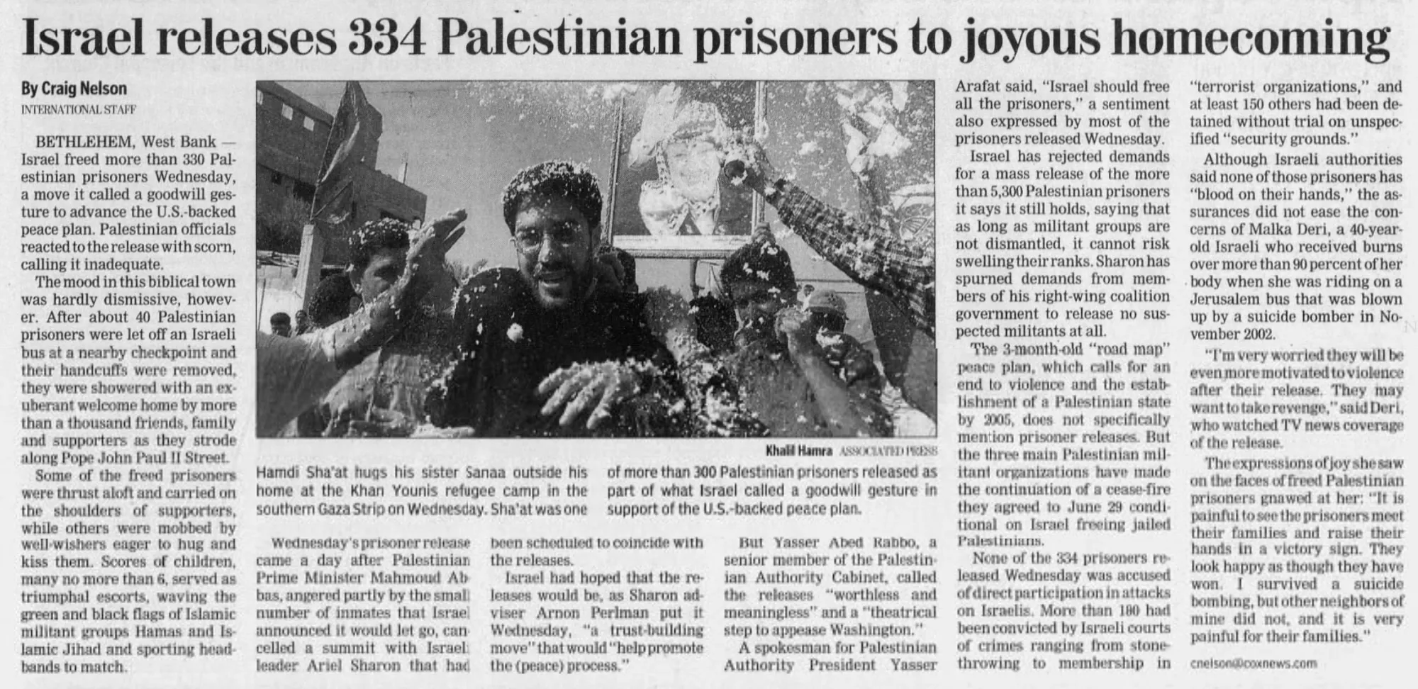Israel releases 334 Palestinian prisoners to joyous homecoming &mdash; Austin American-Statesman, 7 August 2003