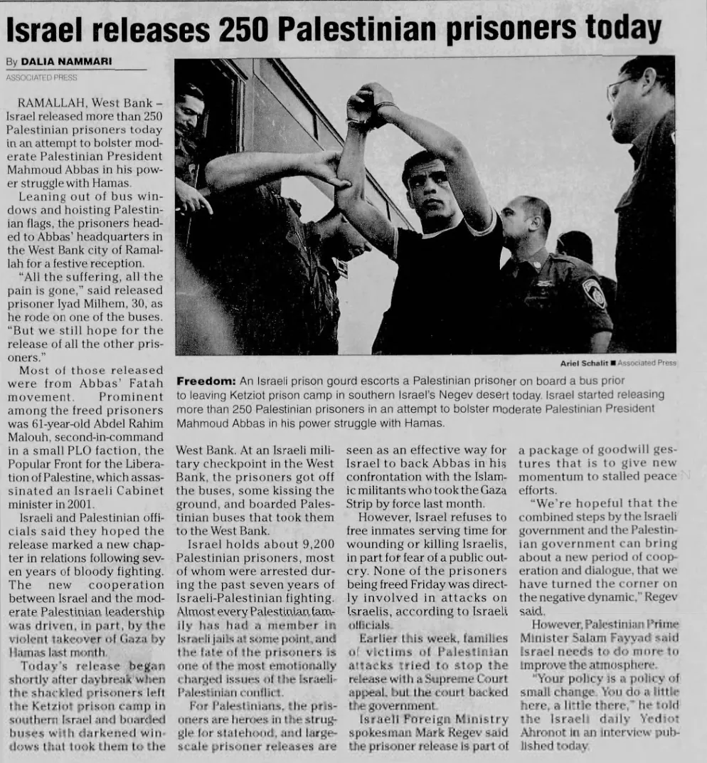Israel releases 250 Palestinian prisoners today &mdash; The Bay City Times, 20 July 2007