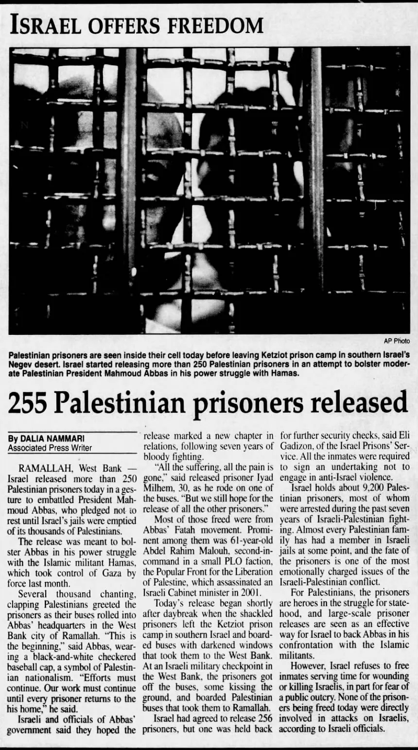255 Palestinian prisoners released &mdash; The Evening Sun, 20 July 2007