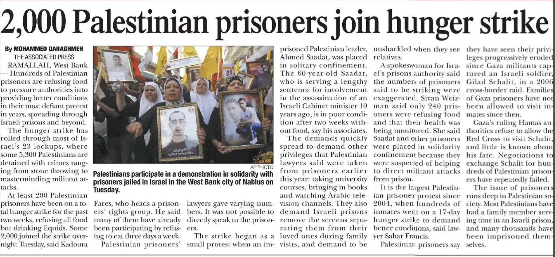 2,000 Palestinian prisoners join hunger strike &mdash; Rutland Daily Herald, 12 October 2011