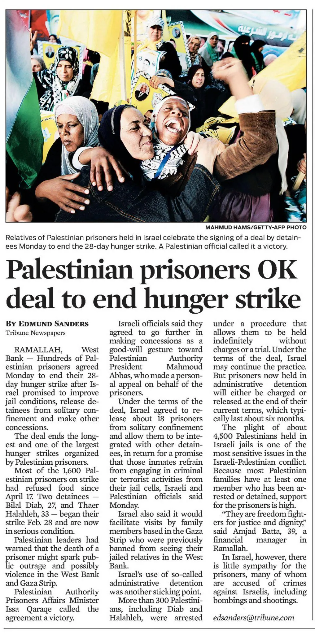 Palestinian prisoners OK deal to end hunger strike &mdash; The Morning Call, 15 May 2012