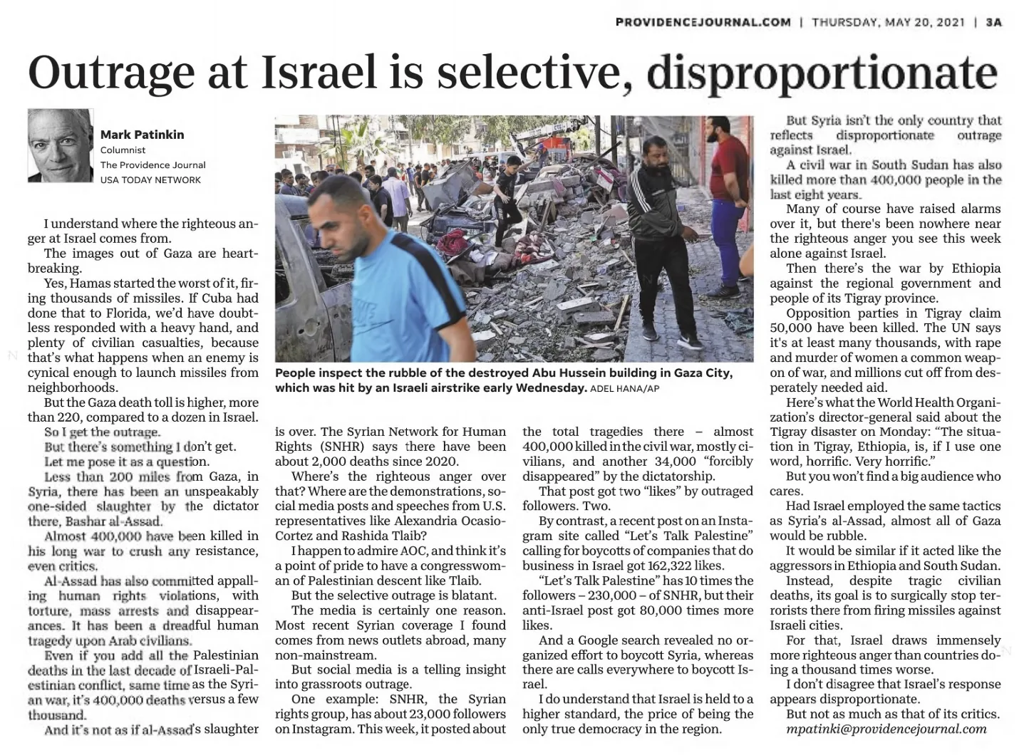 Outrage at Israel is selective, disproportionate &mdash; The Providence Journal, 20 May 2021