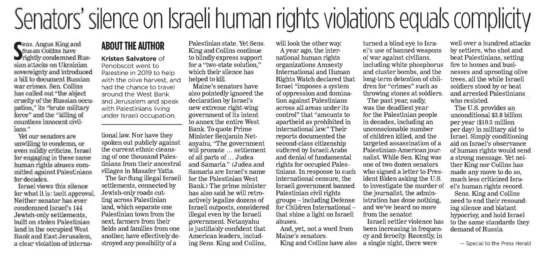 Senators’ silence on Israeli human rights violations equals complicity &mdash; Portland Press Herald, 14 February 2023