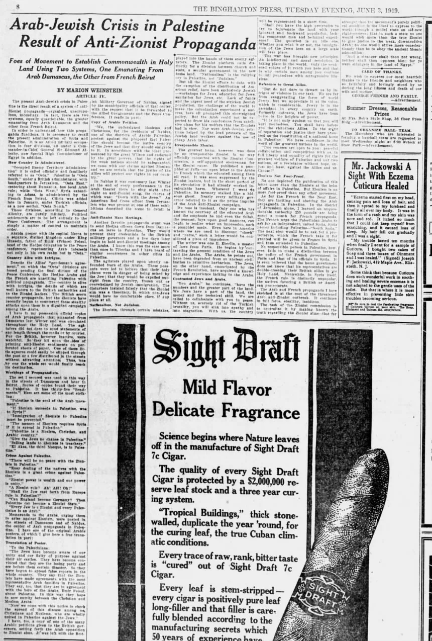 Arab-Jewish Crisis in Palestine Result of Anti-Zionist Propaganda — The Binghamton Press, 3 June 1919