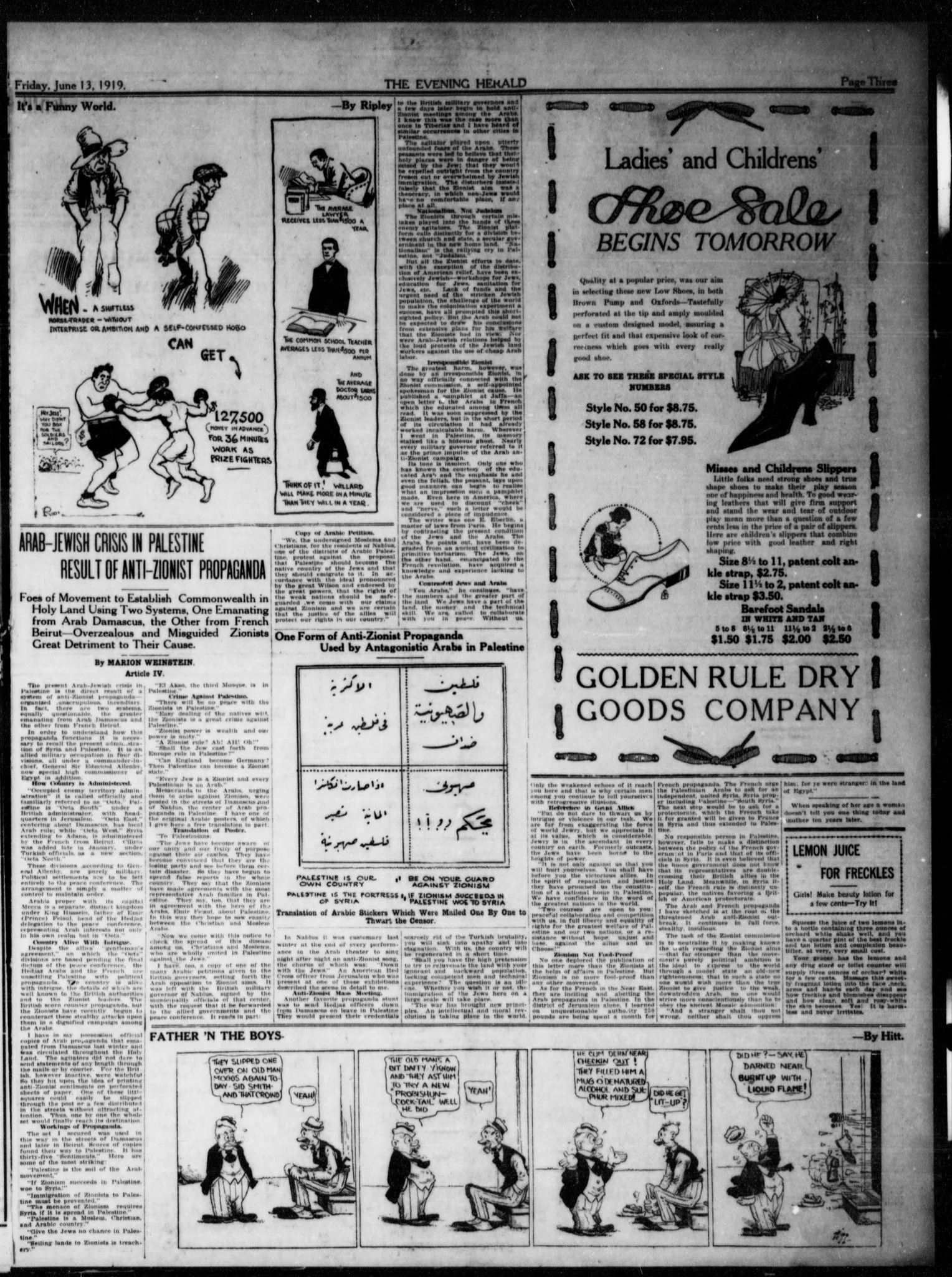 Arab-Jewish Crisis in Palestine Result of Anti-Zionist Propaganda — The Evening Herald, 13 June 1919
