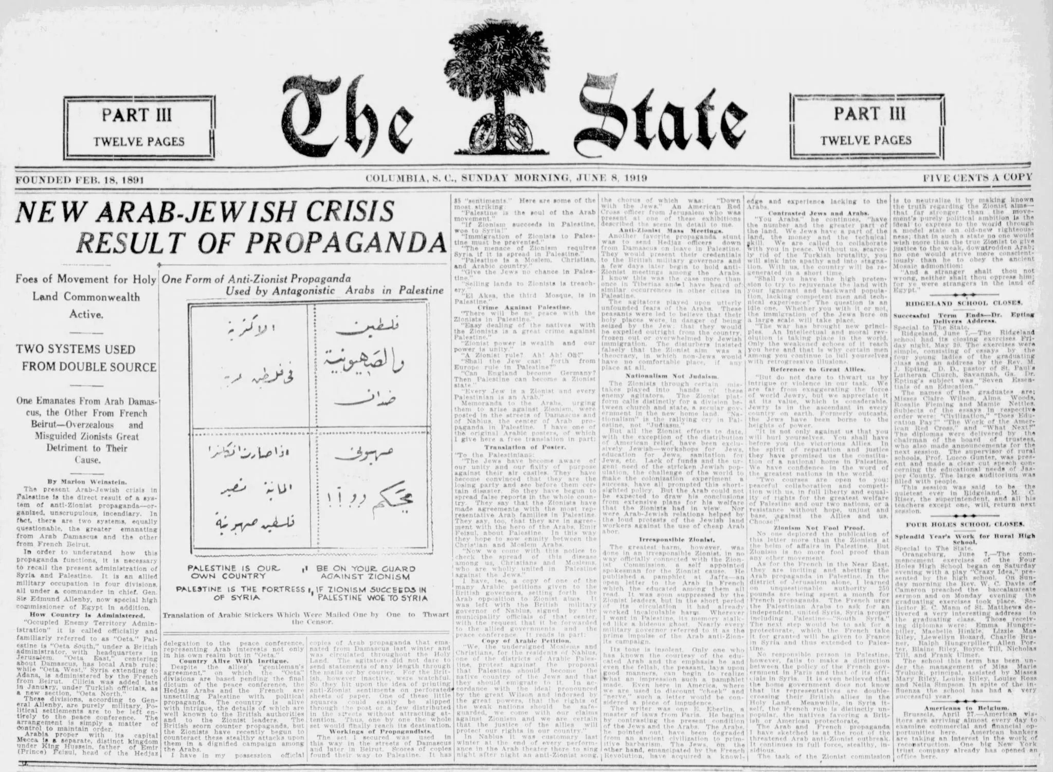 New Arab-Jewish Crisis Result of Propaganda &mdash; The State, 8 June 1919