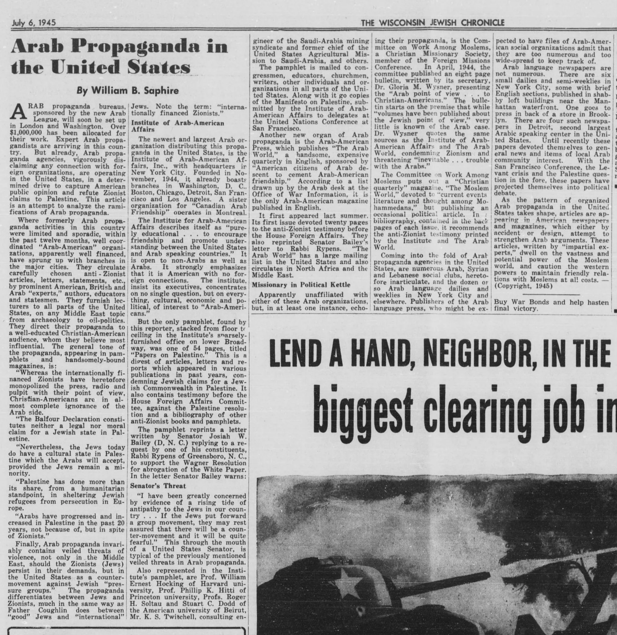 Arab Propaganda in the United States — The Wisconsin Jewish Chronicle, 6 July 1945