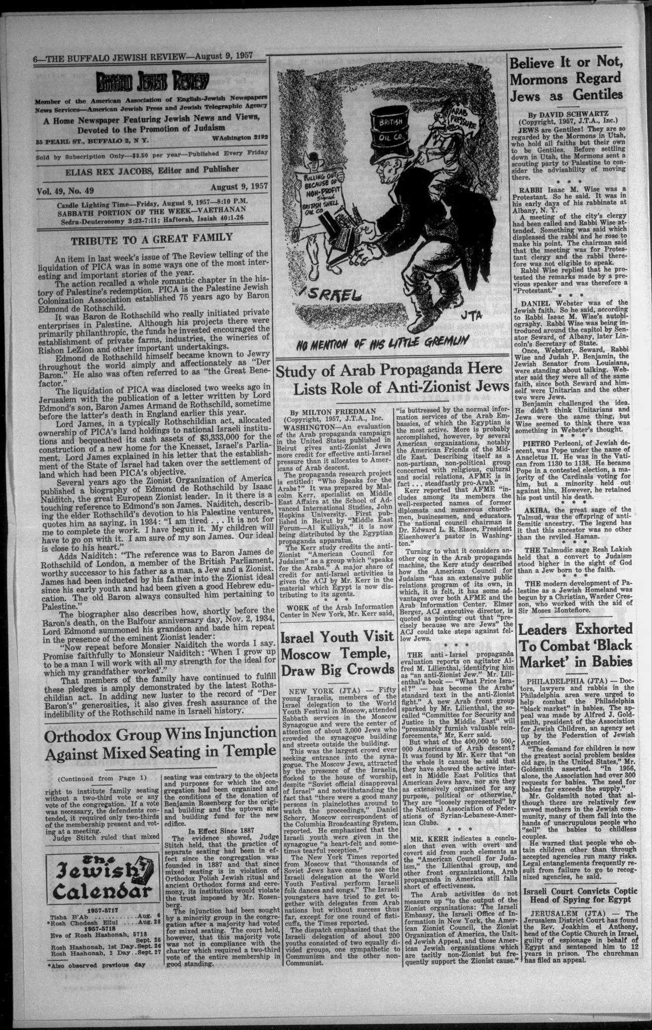 Study of Arab Propaganda Here Lists Role of Anti-Zionist Jews &mdash; The Buffalo Jewish Review, 9 August 1957