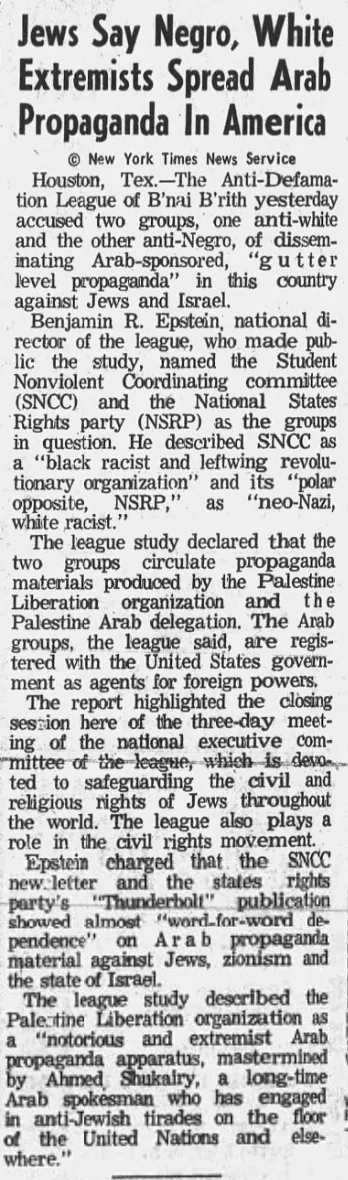 Jews Say Negro, White Extremists Spread Arab Propaganda In America &mdash; Gazette and Daily, 23 October 1967