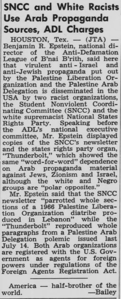 SNCC and White Racists Use Arab Propaganda Sources, ADL Charges — The Wisconsin Jewish Chronicle, 27 October 1967
