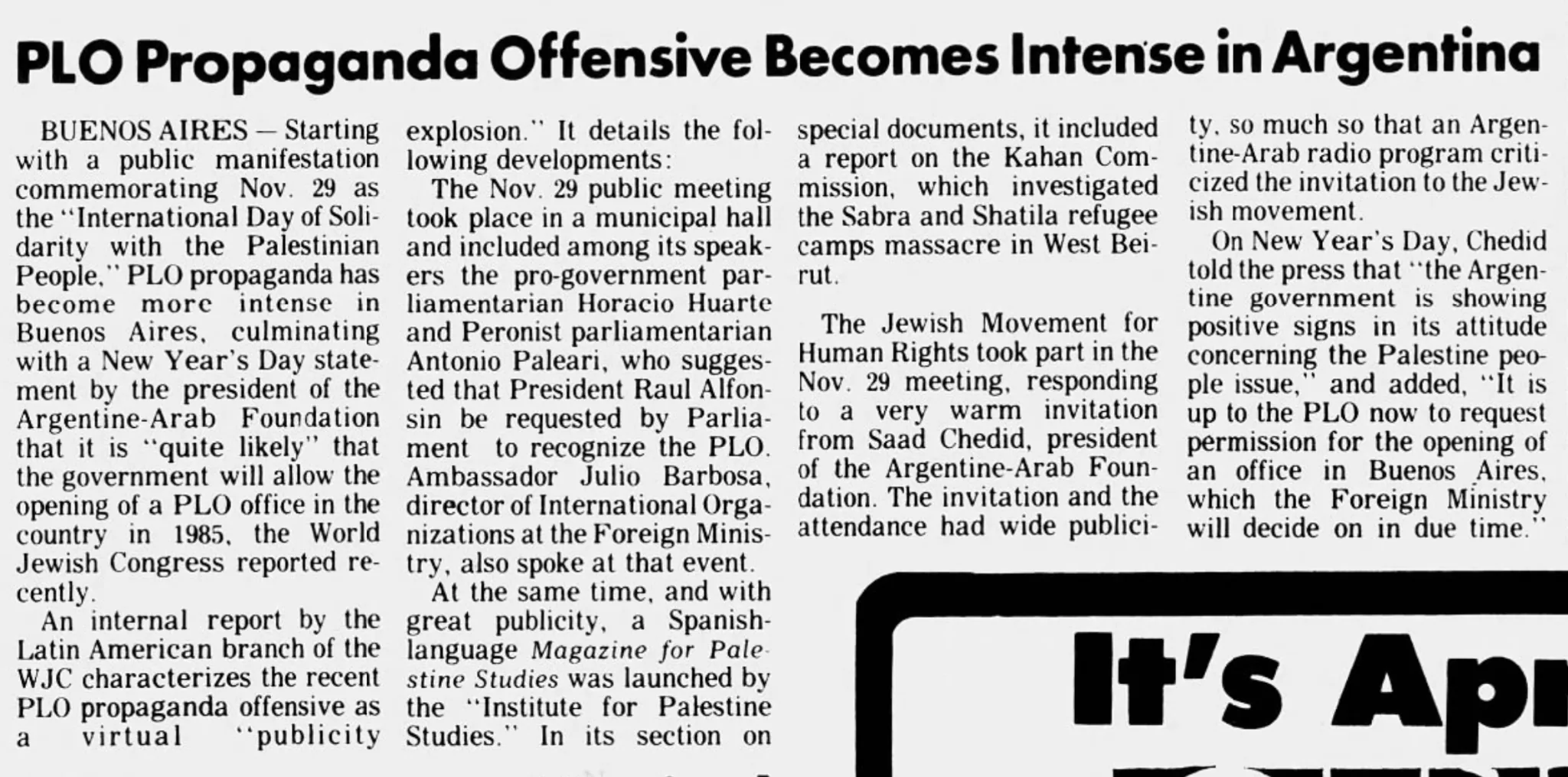 PLO Propaganda Offensive Becomes Intense in Argentina &mdash; St. Louis Jewish Light, 17 April 1985