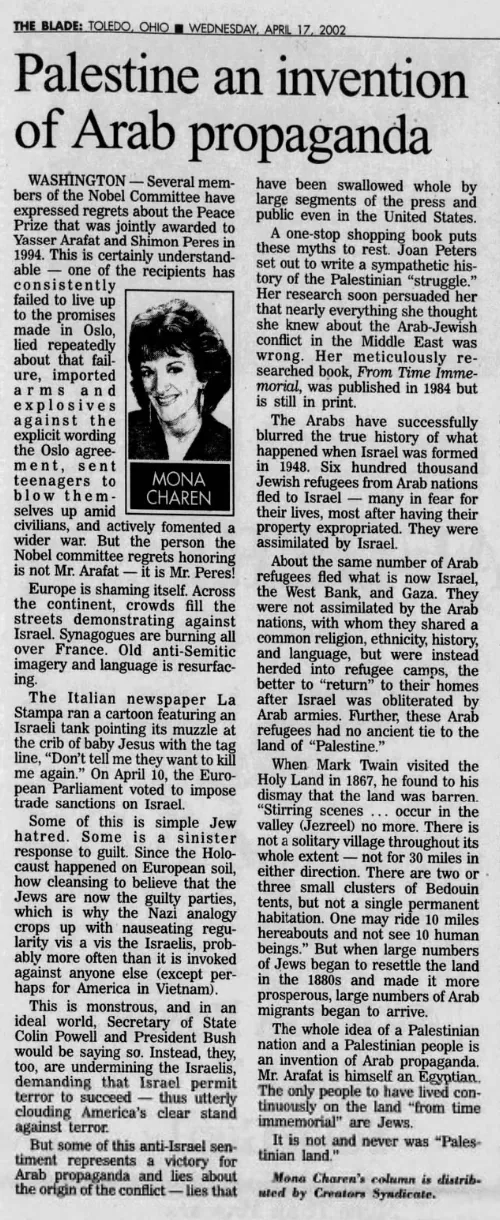Palestine an invention of Arab propaganda &mdash; The Blade, 17 April 2002