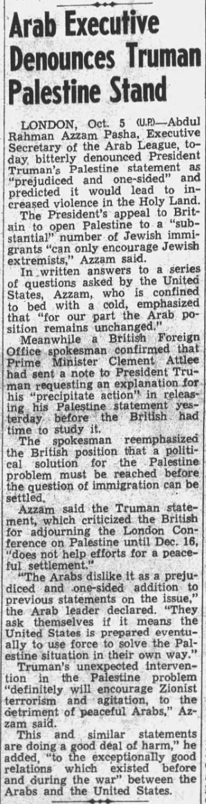 Arab Executive Denounces Truman Palestine Stand &mdash; Scrantonian Tribune, 6 October 1948