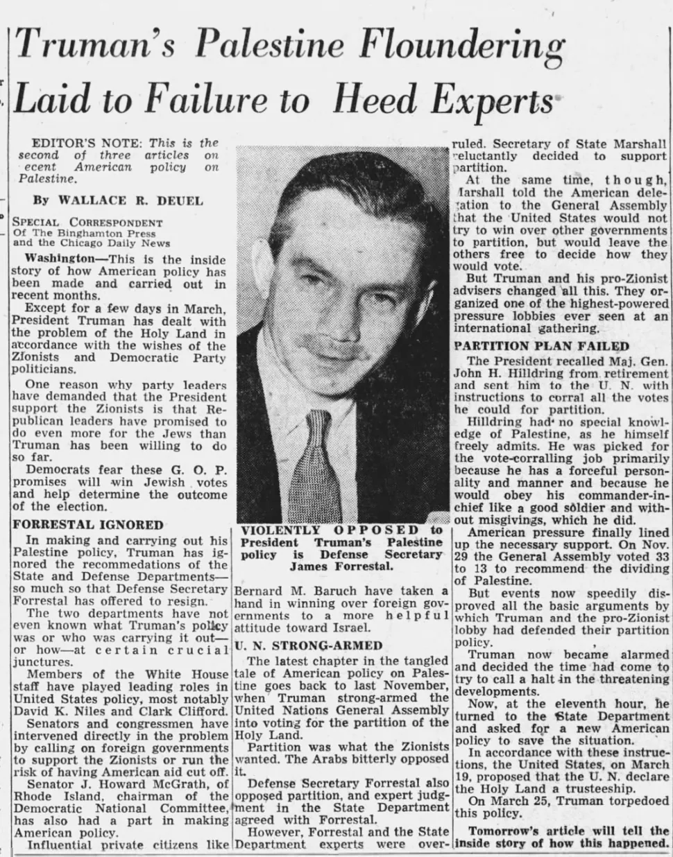 Truman's Palestine Floundering • Laid to Failure to Heed Experts &mdash; Scrantonian Tribune, 6 October 1948
