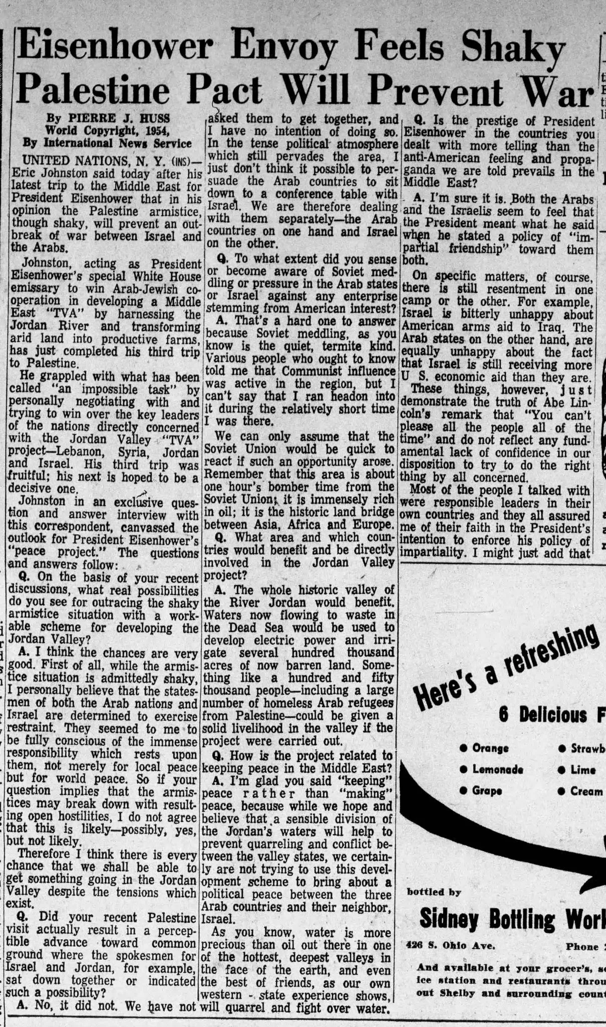 Eisenhower Envoy Feels Shaky Palestine Pact Will Prevent War &mdash; Sidney Daily News, 29 July 1954