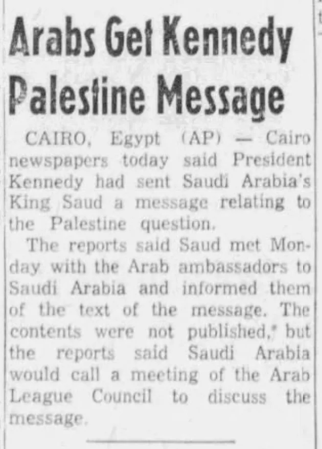 Arabs Get Kennedy Palestine Message &mdash; The Olympian, 23 May 1961