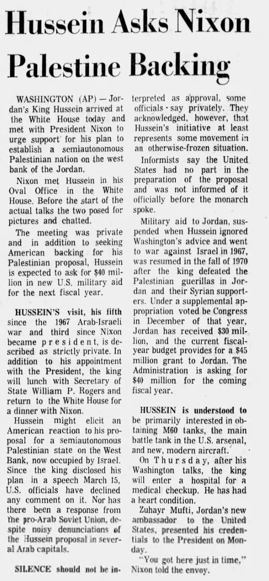 Hussein Asks Nixon Palestine Backing &mdash; The Sun, 8 October 1973