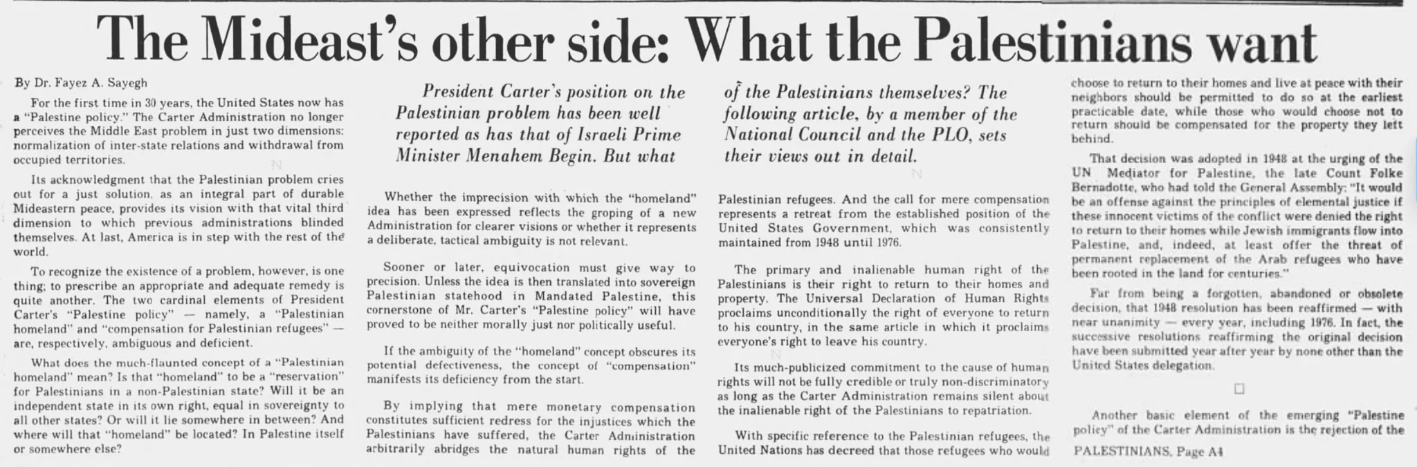 The Mideast's other side: What the Palestinians want &mdash; Boston Globe, 24 July 1977