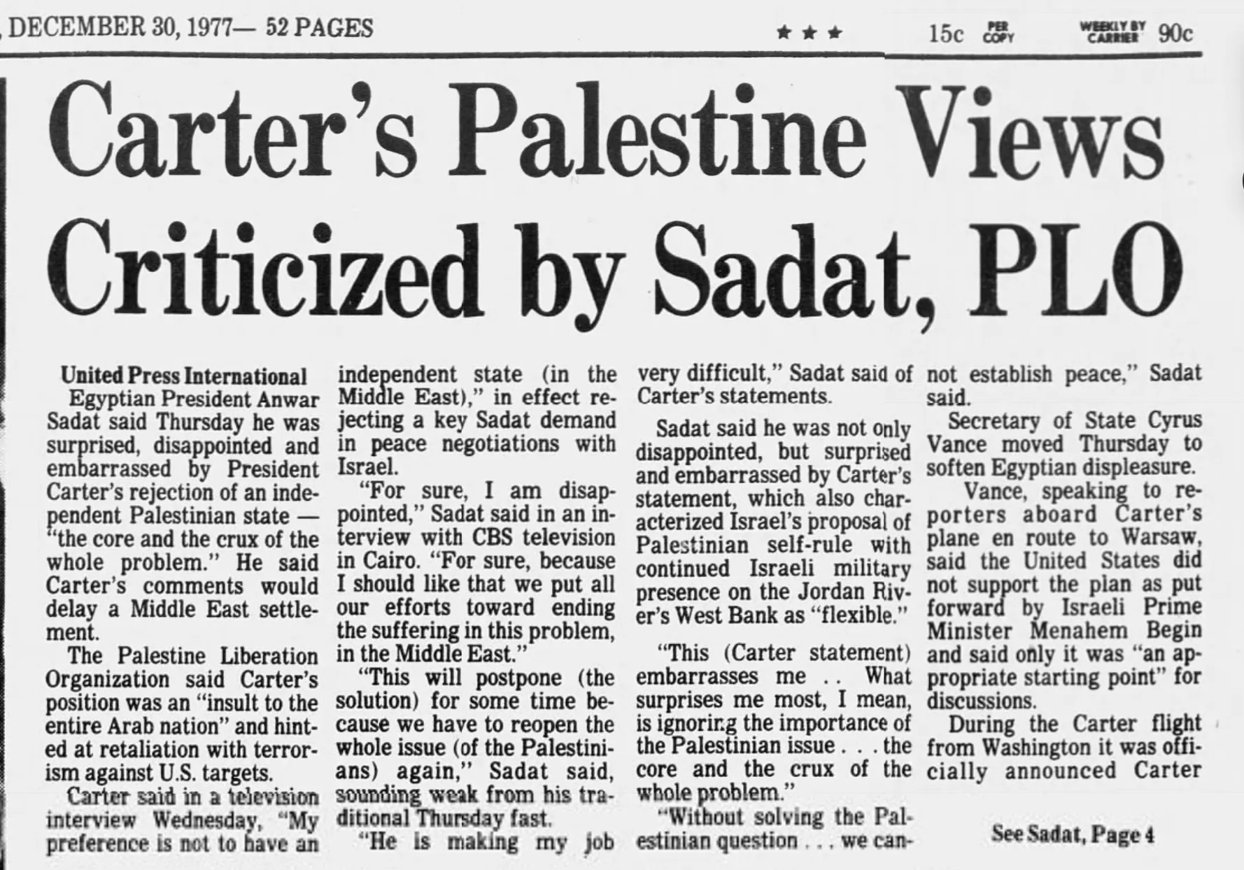 Carter's Palestine Views Criticized by Sadat, PLO &mdash; Hartford Courant, 30 December 1977