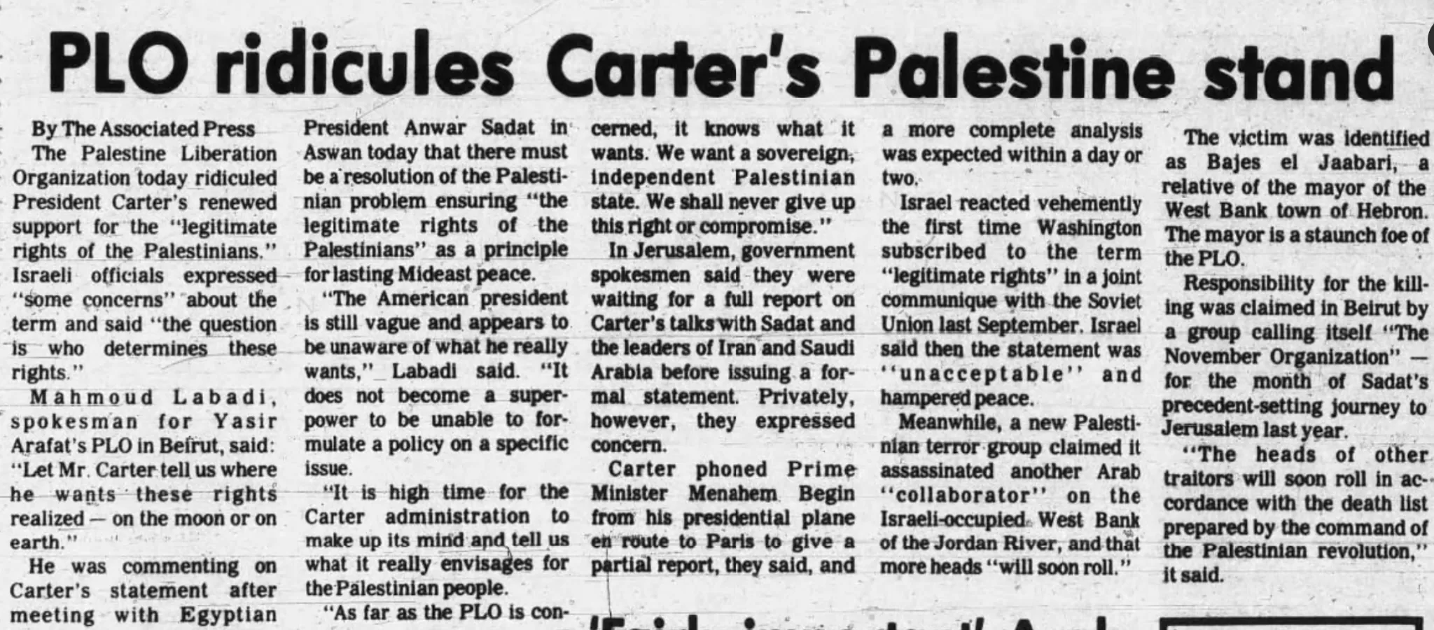 PLO ridicules Carter's Palestine stand — West Bend News, 4 January 1978