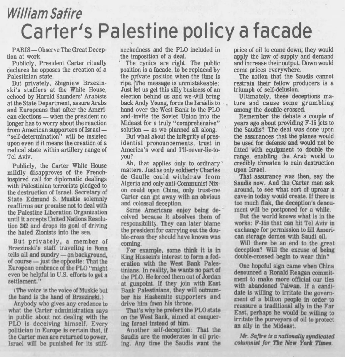 Carter's Palestine policy a facade &mdash; The Daily Breeze, 20 June 1980