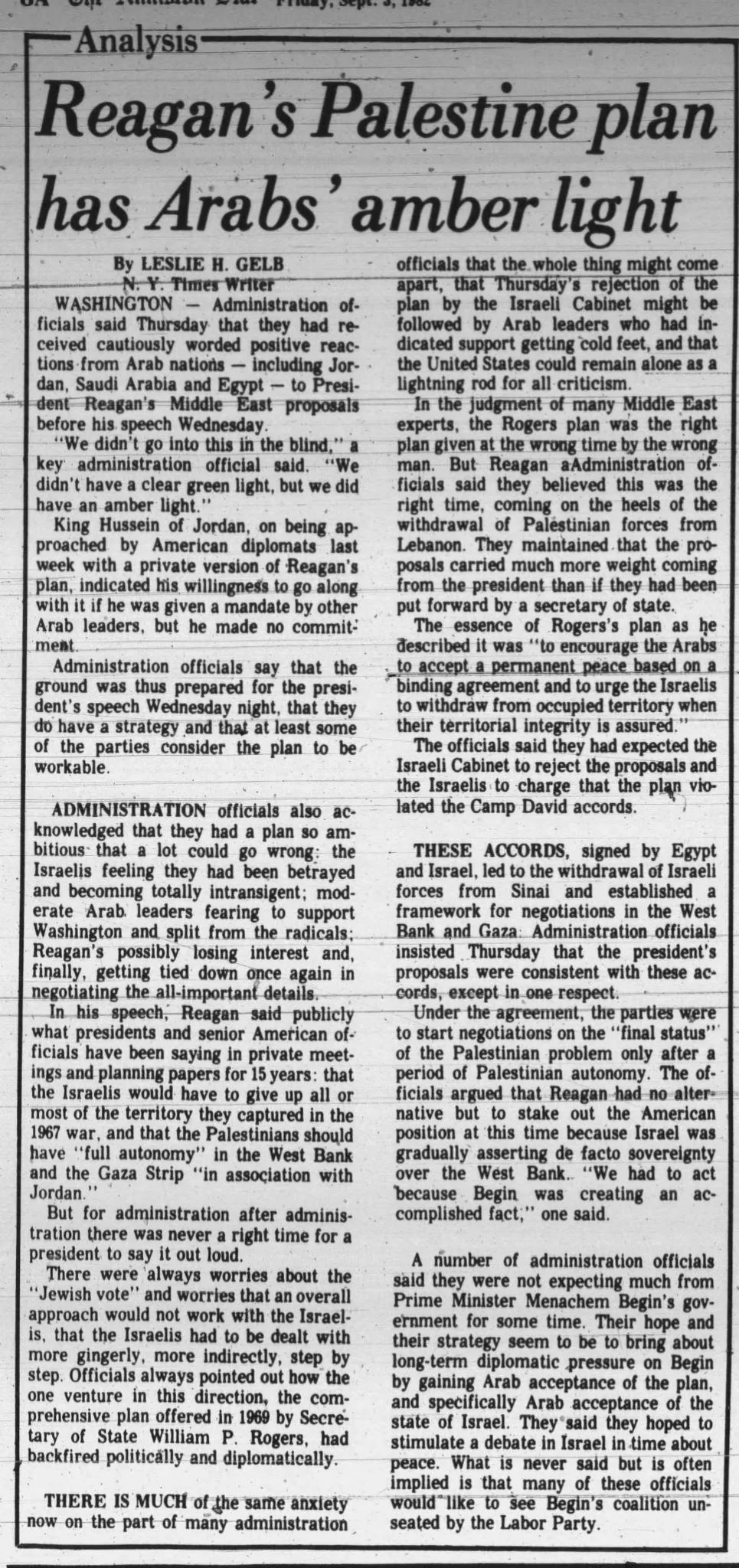 Reagan's Palestine plan has Arabs' amber light &mdash; The Anniston Star, 3 September 1982