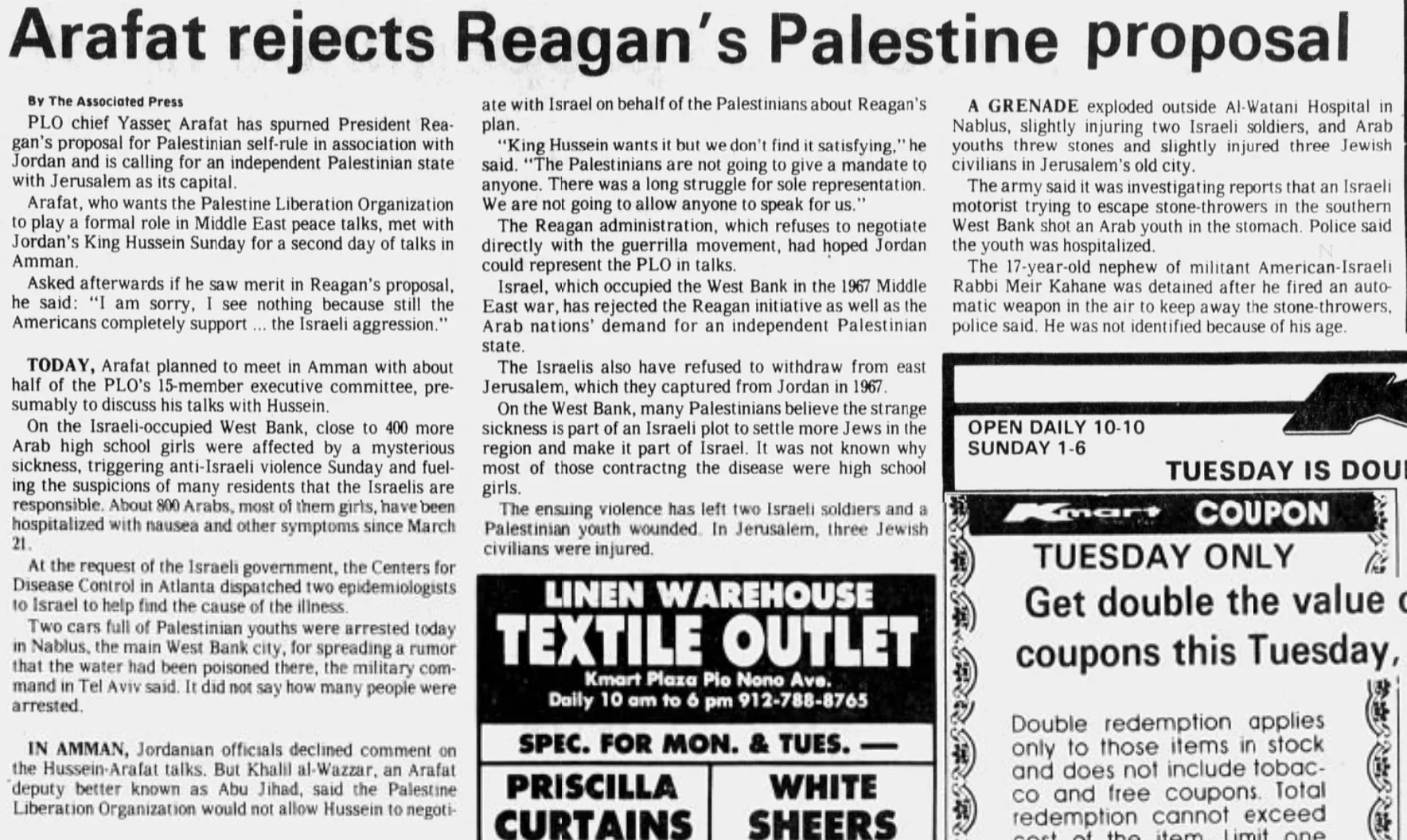 Arafat rejects Reagan's Palestine proposal &mdash; The Macon News, 4 April 1983