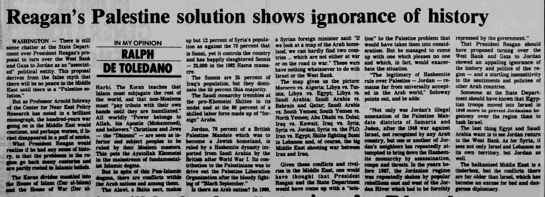 Reagan's Palestine solution shows ignorance of history &mdash; Daily News, 13 December 1985