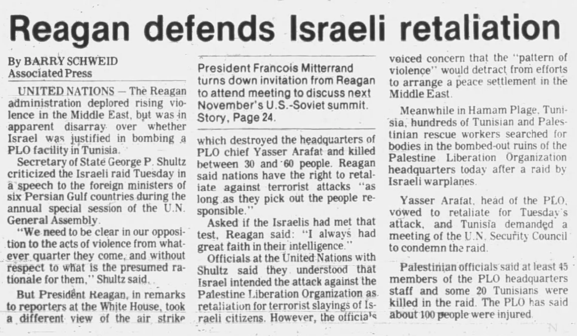 Reagan defends Israeli retaliation &mdash; The Recorder, 2 October 1985