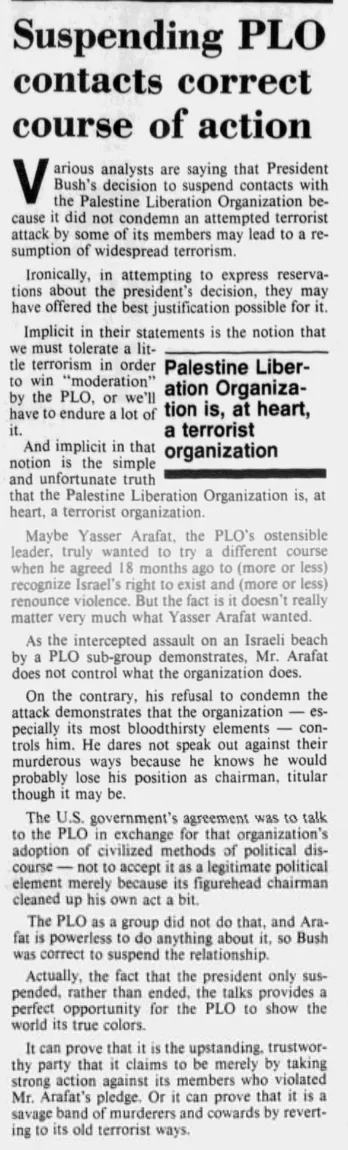Suspending PLO contacts correct course of action &mdash; Springfield News Sun, 1 July 1990