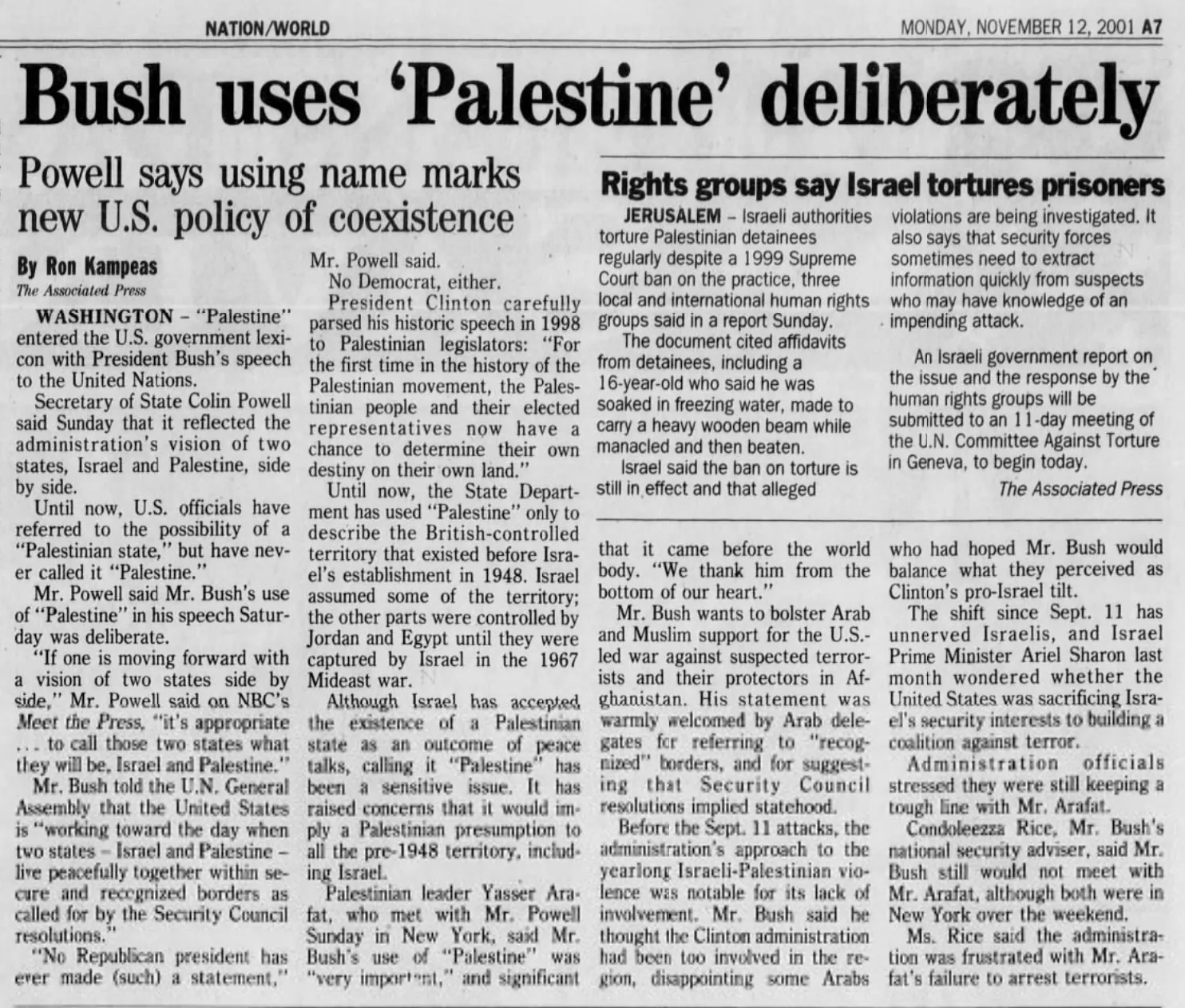 Bush uses 'Palestine' deliberately &mdash; Connecticut Post, 15 December 1998